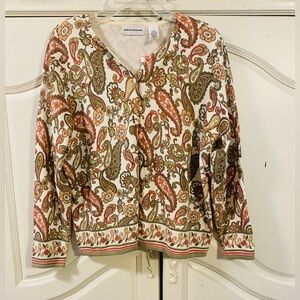 Alfred Dunner Cream Paisley Button-Front Cardigan with Olive & Rust Accents